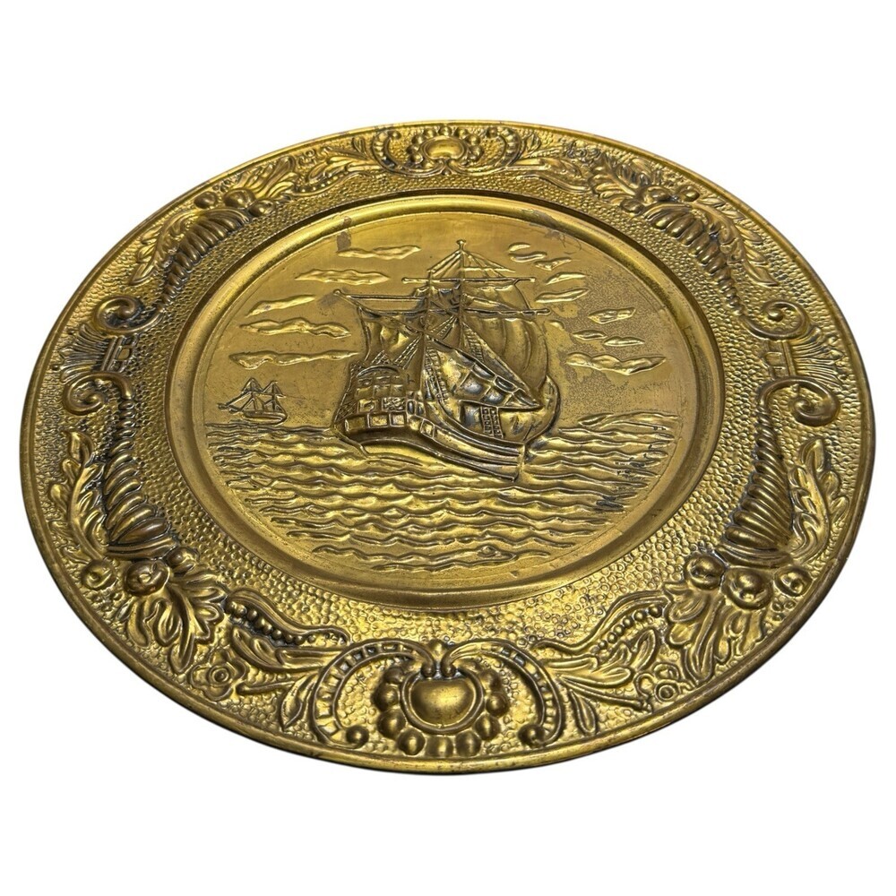 Brass Charger Plate Baroque Border Sailing Ship Nautical Hammered Embossed 14" - Picture 2 of 6